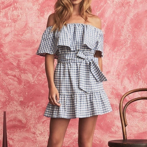 𝅺TULAROSA Blue Gingnam Sallie Mini Dress Off Shoulder Ruffles - Picture 1 of 11